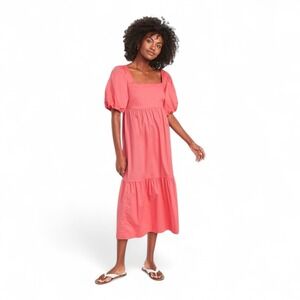 Old Navy Fit & Flare Puff Sleeve Cotton Poplin Midi Dress Ginger Rose Sz L